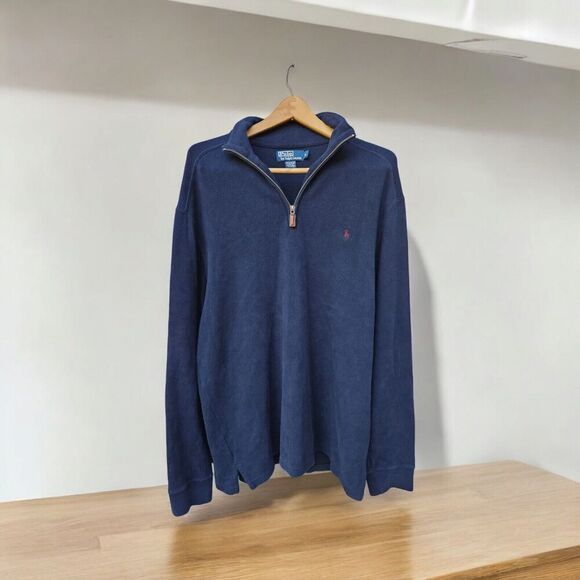Polo Ralph Lauren Sweatshirt Mens L Blue Pullover 1/4 Zip Red Pony Preppy Soft - Picture 1 of 6